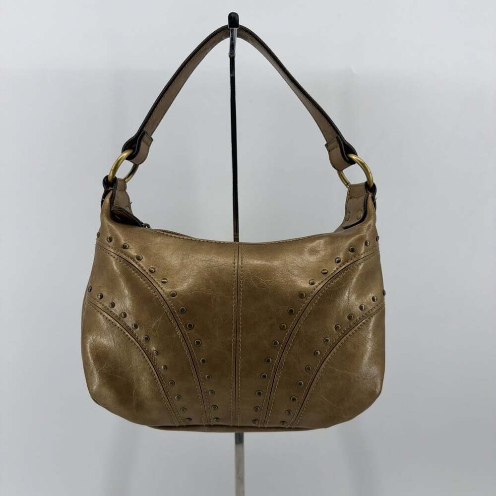 Vintage Faux Leather Studded Shoulder Saddle Bag Gold Tone Y2K Style Boho 90s